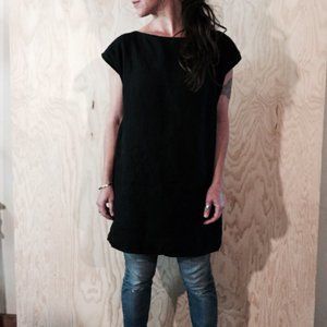 Black linen sashiko stitch tunic dress with pockets - handmade by Zoe Loomis